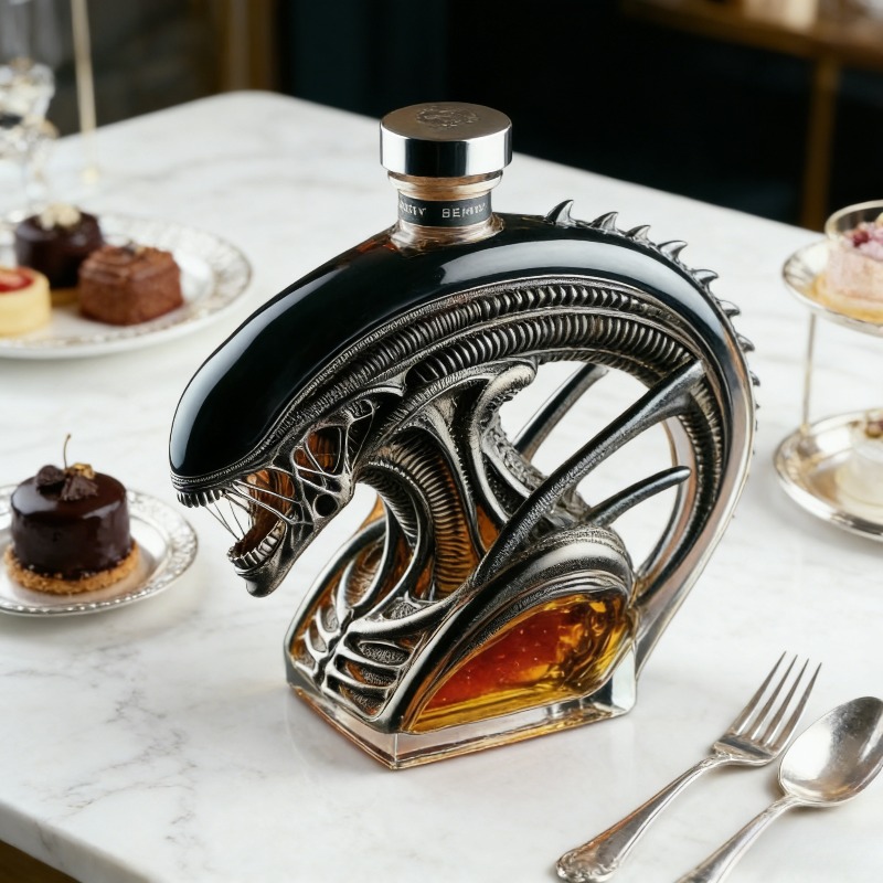 Glass Decanter Whiskey - エイリアン・キノモーフ型のウイスキーデカンター、SF風ガラス製酒瓶、バーの装飾やギフトに