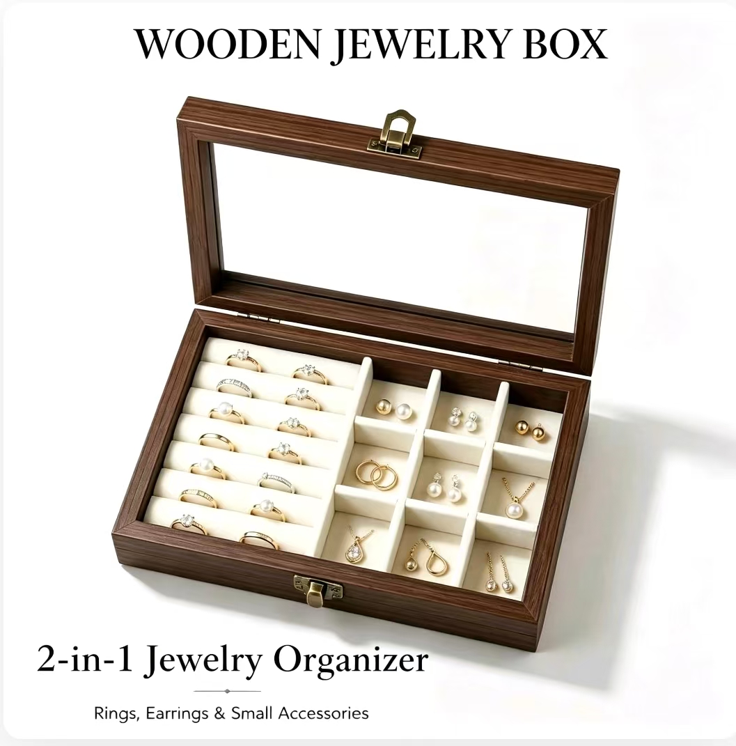 Velvet Jewelry Box - 寝室用デスクトップウォールナット柄ベルベットジュエリーオーガナイザー、韓国製ハードジュエリー収納ボックス（ネックレス、イヤリング、指輪用）