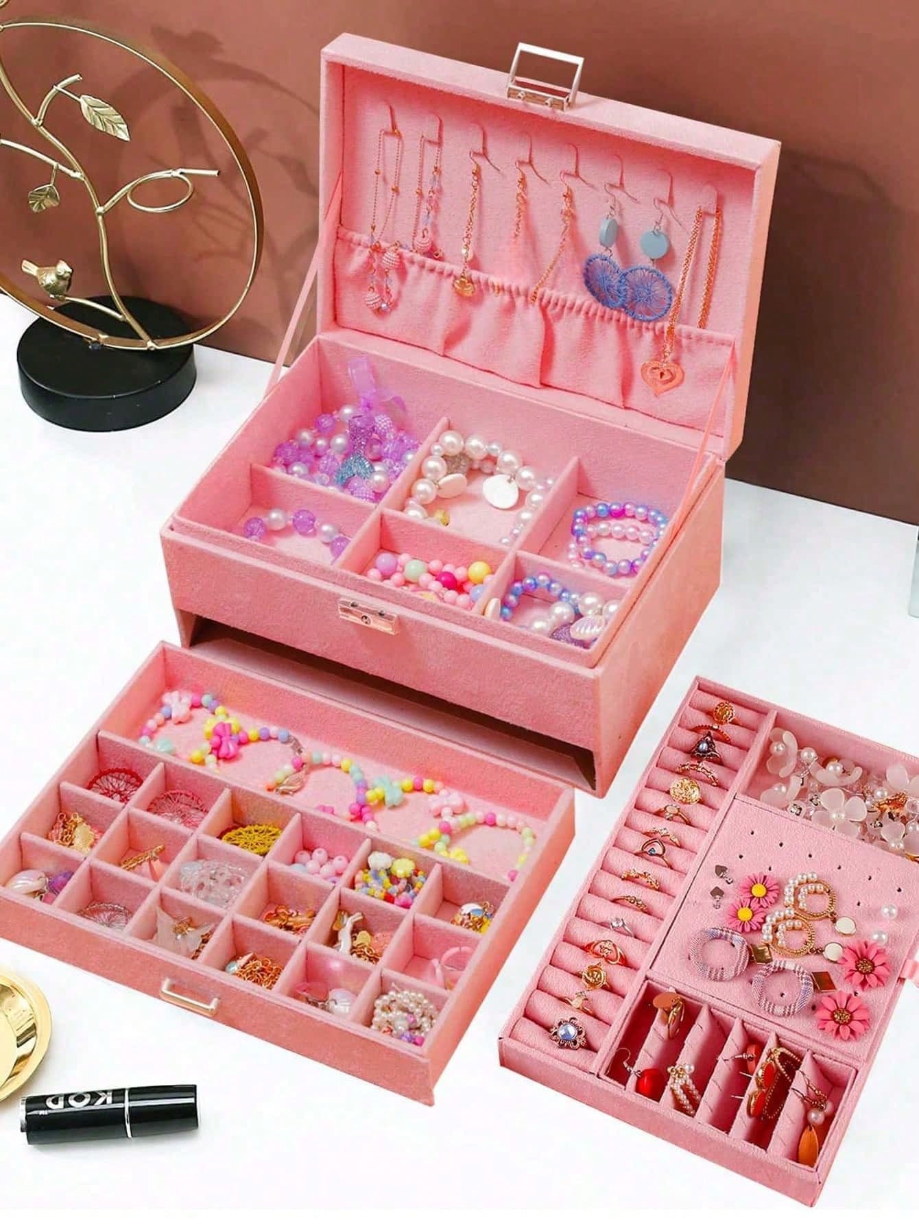 3層ベルベットジュエリーボックス（鍵付き）、ダークグリーンの - Velvet Jewelry Box のレビューと価格