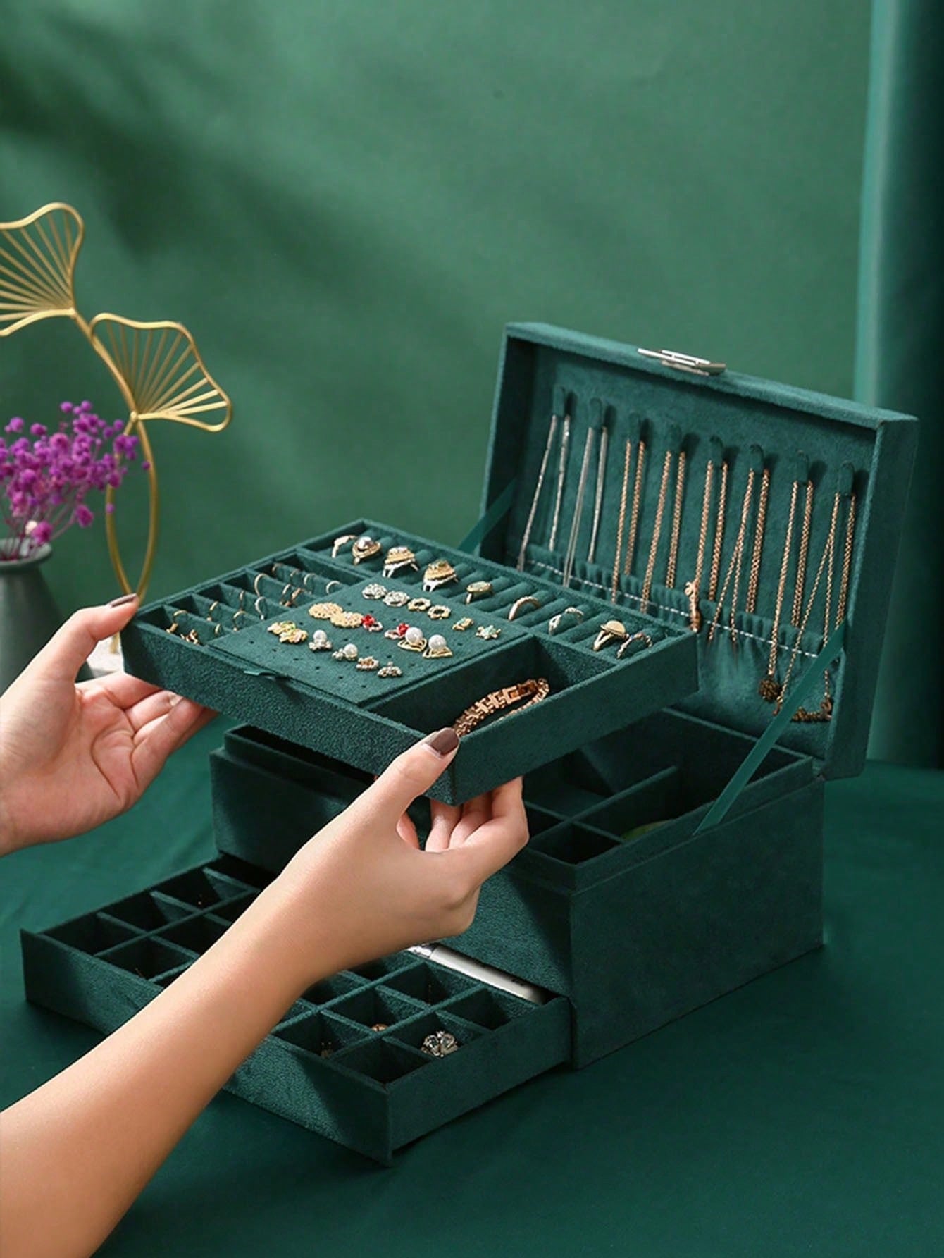 3層ベルベットジュエリーボックス（鍵付き）、ダークグリーンの - Velvet Jewelry Box のレビューと価格