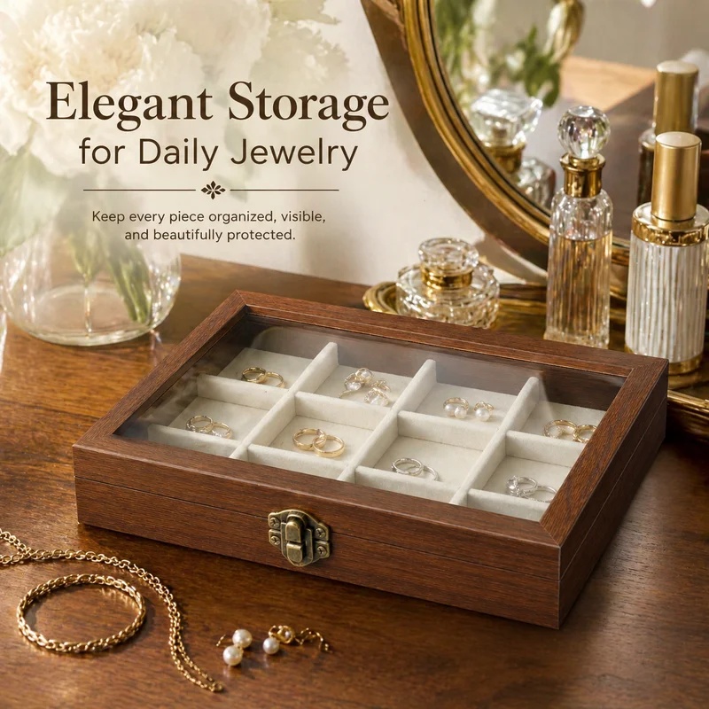 寝室用デスクトップウォールナット柄ベルベットジュエリーオーガ - Velvet Jewelry Box のレビューと価格