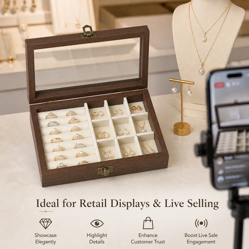 寝室用デスクトップウォールナット柄ベルベットジュエリーオーガ - Velvet Jewelry Box のレビューと価格
